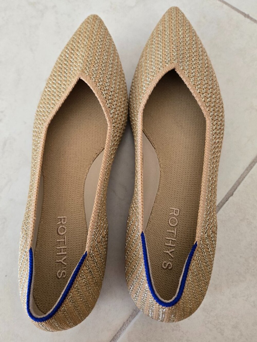 Rothy's "The Point" in Metallic Gold Shimmer Size 8 Tan and Blue Color
